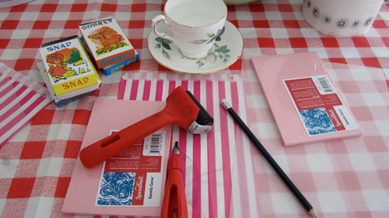 Let's get started! The tools of the printmaking trade along with vintage playing cards & tea cups of lemonade.