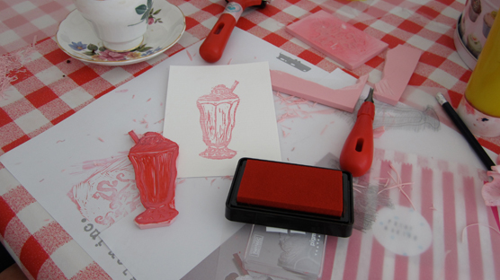 Pink sundae stamp used to make greetings cards.