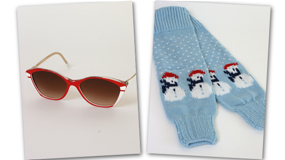 Cherry red sunnies and icy blue snowmen legwarmers. Cherry red sunnies and icy blue snowmen legwarmers.