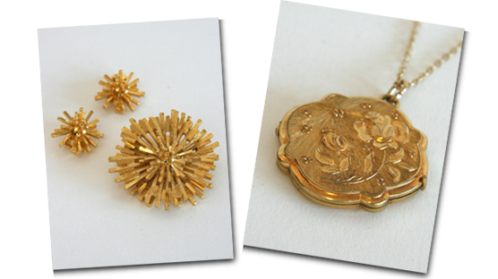 Going for gold! Sputnik style brooch and earring set and rose locket. Going for gold! Sputnik style brooch and earring set and rose locket.