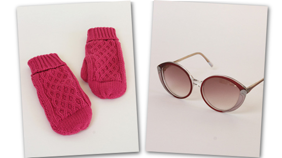 Hot pink cable knit mittens and sunglasses with a swooping bird like motif. Hot pink cable knit mittens and sunglasses with a swooping bird like motif.