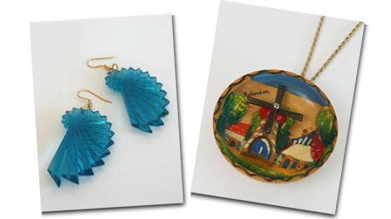 A pair of turquoise fan earrings and a wooden windmill giant pendant. A pair of turquoise fan earrings and a wooden windmill giant pendant.
