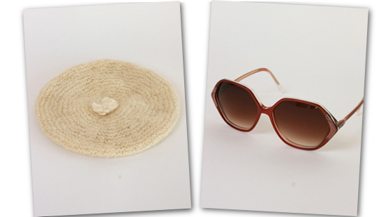 Hand knitted wool beret and burgundy sunnies. Hand knitted wool beret and burgundy sunnies.