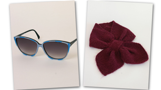 Electric blue sunnies and claret colour hand knitted scarflette. Electric blue sunnies and claret colour hand knitted scarflette.