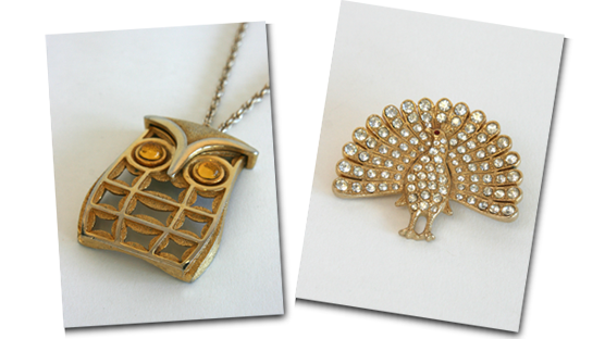1960s geometric owl pendant and diamante peacock brooch.