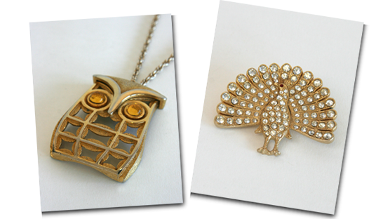 1960s geometric owl pendant and diamante peacock brooch. 1960s geometric owl pendant and diamante peacock brooch.