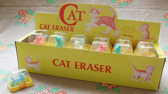 Original display box full of 1980s cat shaped erasers. Made in Japan.