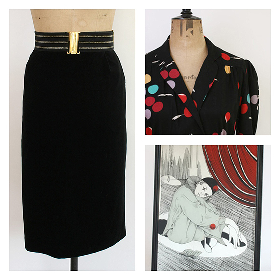 New in! Velvet pencil skirt, polka dot wrap dress and giant Pierrot mirror. New in! Velvet pencil skirt, polka dot wrap dress and giant Pierrot mirror.