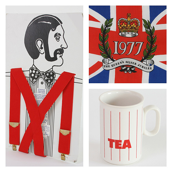 Just in! Red braces, 1977 tea towel and tea mug. Just in! Red braces, 1977 tea towel and tea mug.
