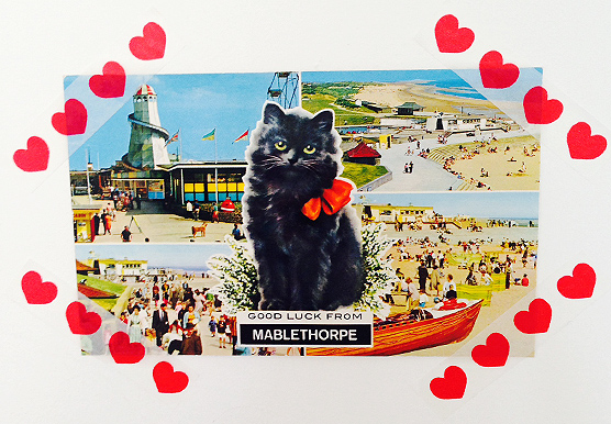 A kitsch black cat postcard to bring you luck from Mablethorpe.