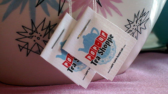 The logo'd tea tags we designed for the Lady Luck's Pop-Up Tea Shoppe.