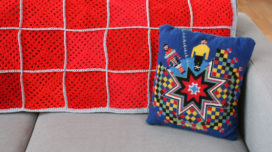cherry red crochet blanket :: starman tapestry cushion