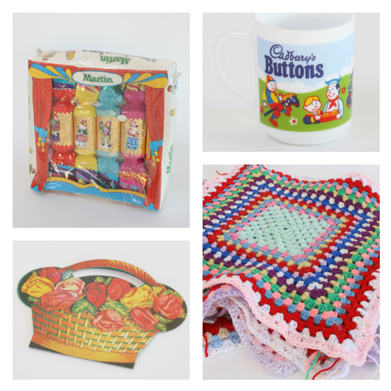 NEW IN! Vintage crackers, buttons mug, needle kit and crochet squares.