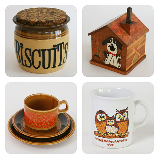 Sale goodies: biscuit barrel, kennel cigarette dispenser, tea set, owl mug.
